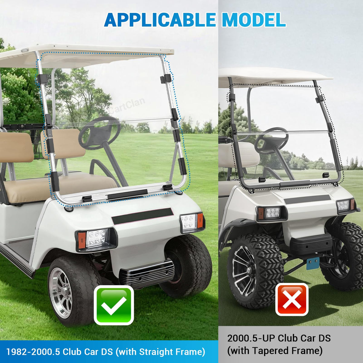 CartClan Club Car DS windshield compatibility check shows straight roof fit