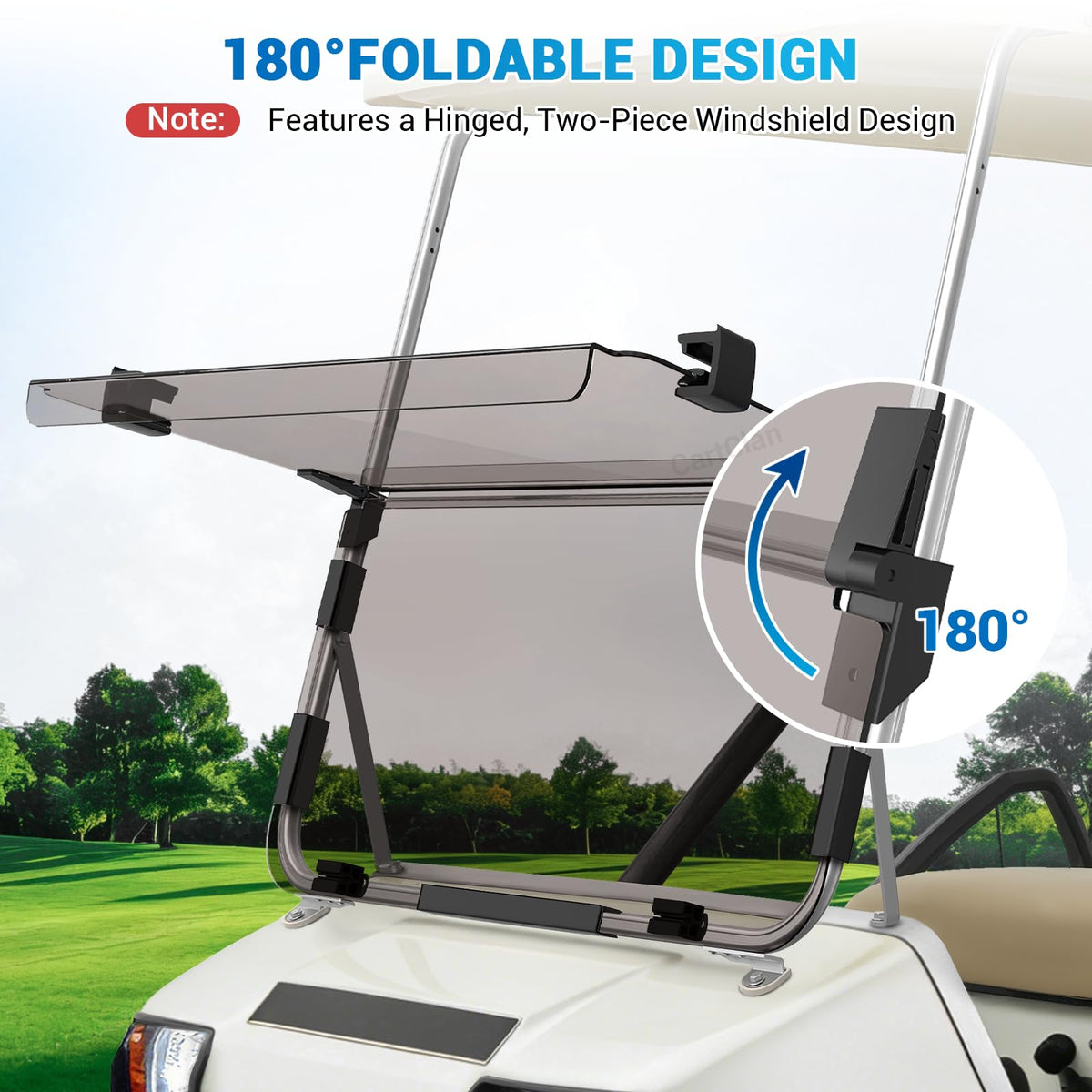 CartClan tinted PC windshield offers glare reduction and UV shielding.