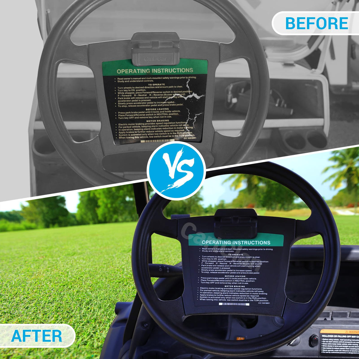CartClan Club Car Precedent dashboard sticker close-up; enhances interior styling with durable finish.