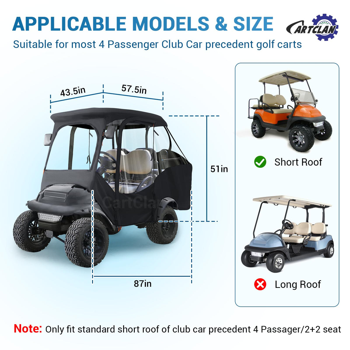 CartClan Club Car Precedent Enclosure roof-dimension compatibility confirms proper fit