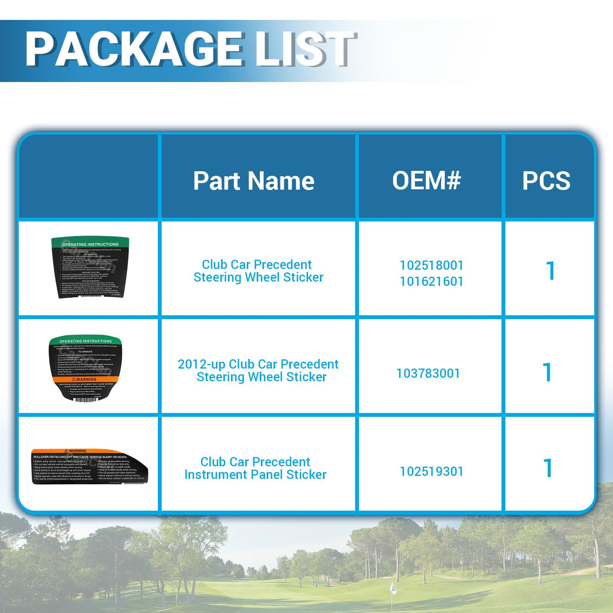 CartClan compatibility graphic shows 2004–2011 and 2012-up model fit for Precedent carts.