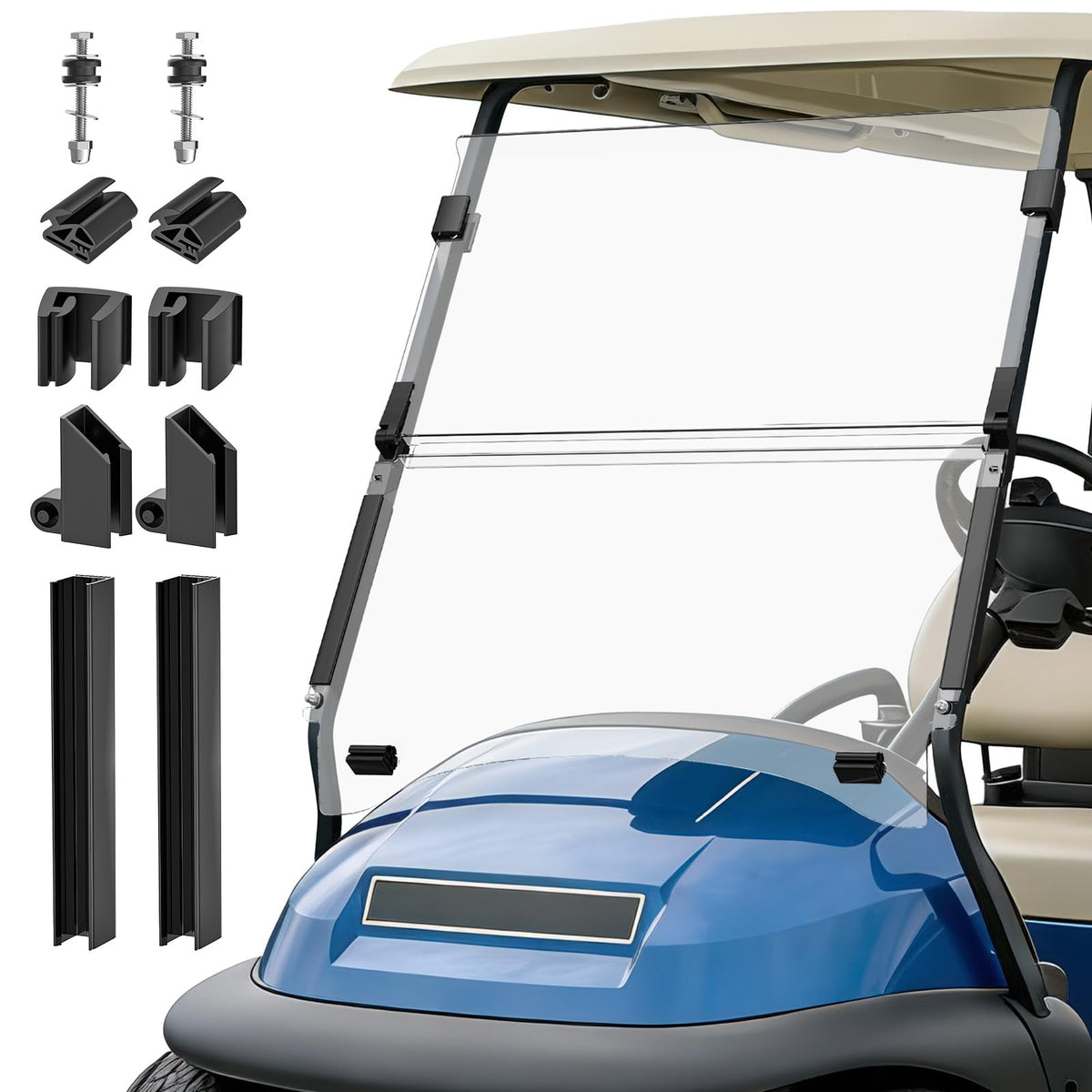 CartClan Club Car Precedent windshield folding design enhances airflow on hot days.