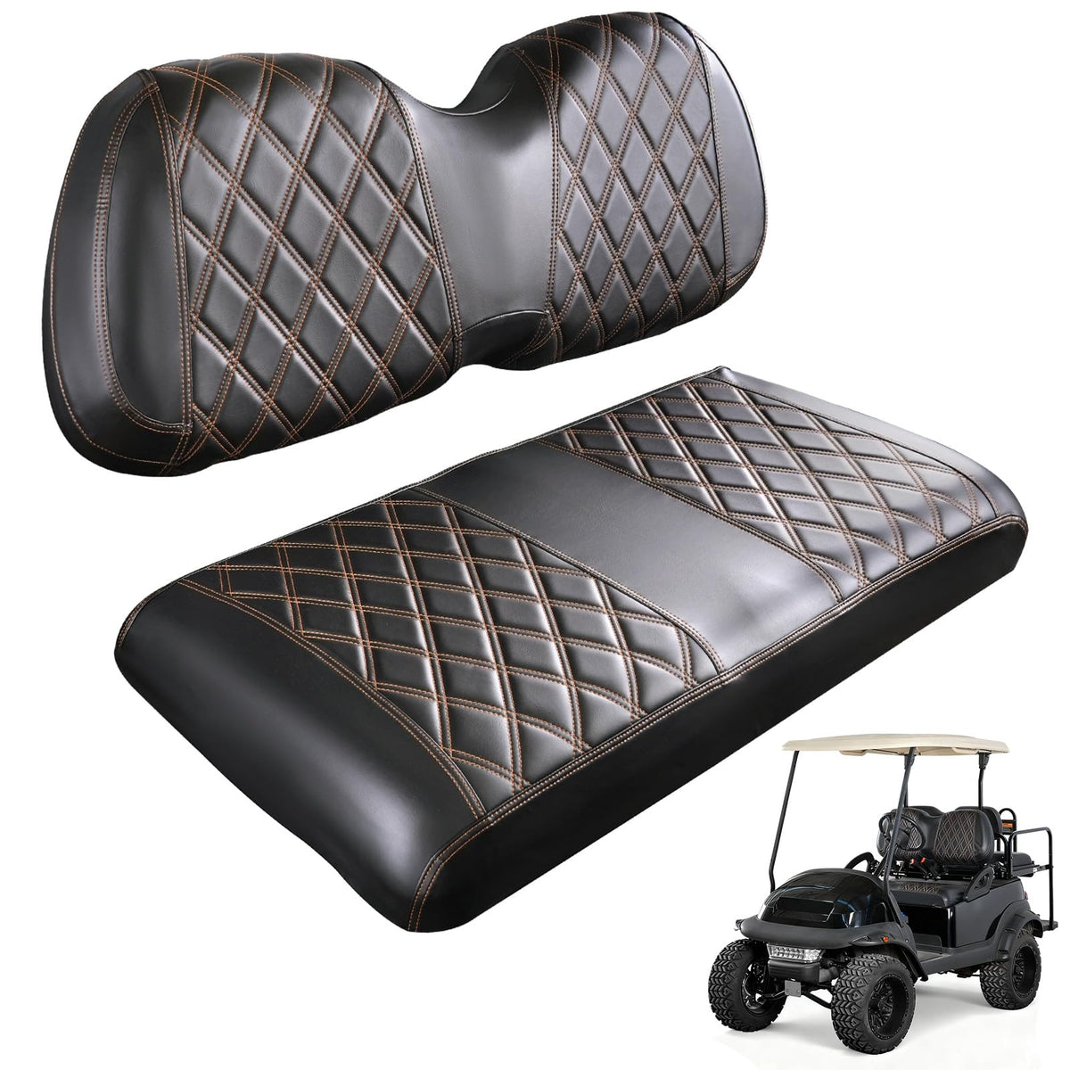 CartClan Diamond Seat Covers front seat close-up showing brown stitching and PVC texture for durability.