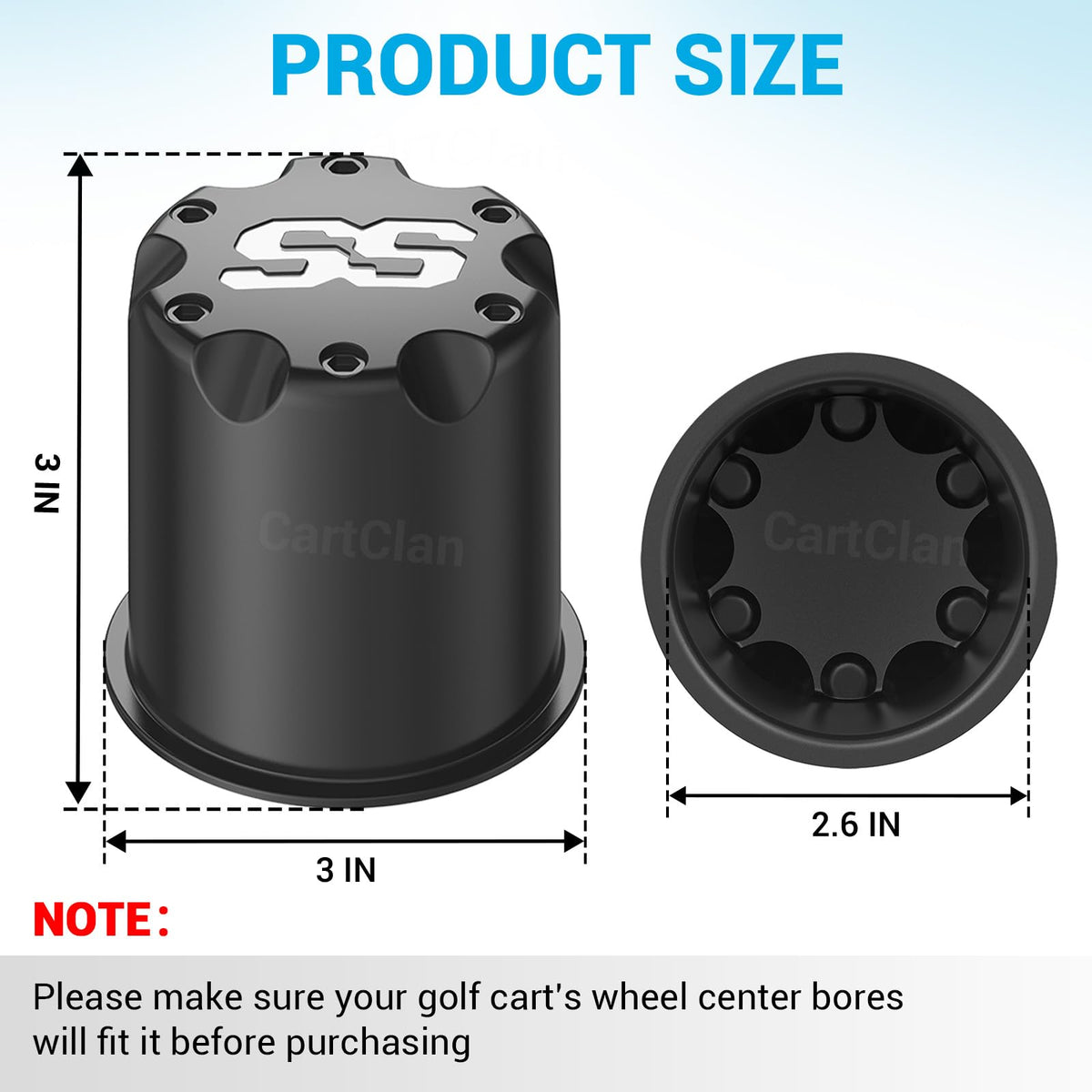Center cap with 3 inch outer diameter fits EZGO wheels.