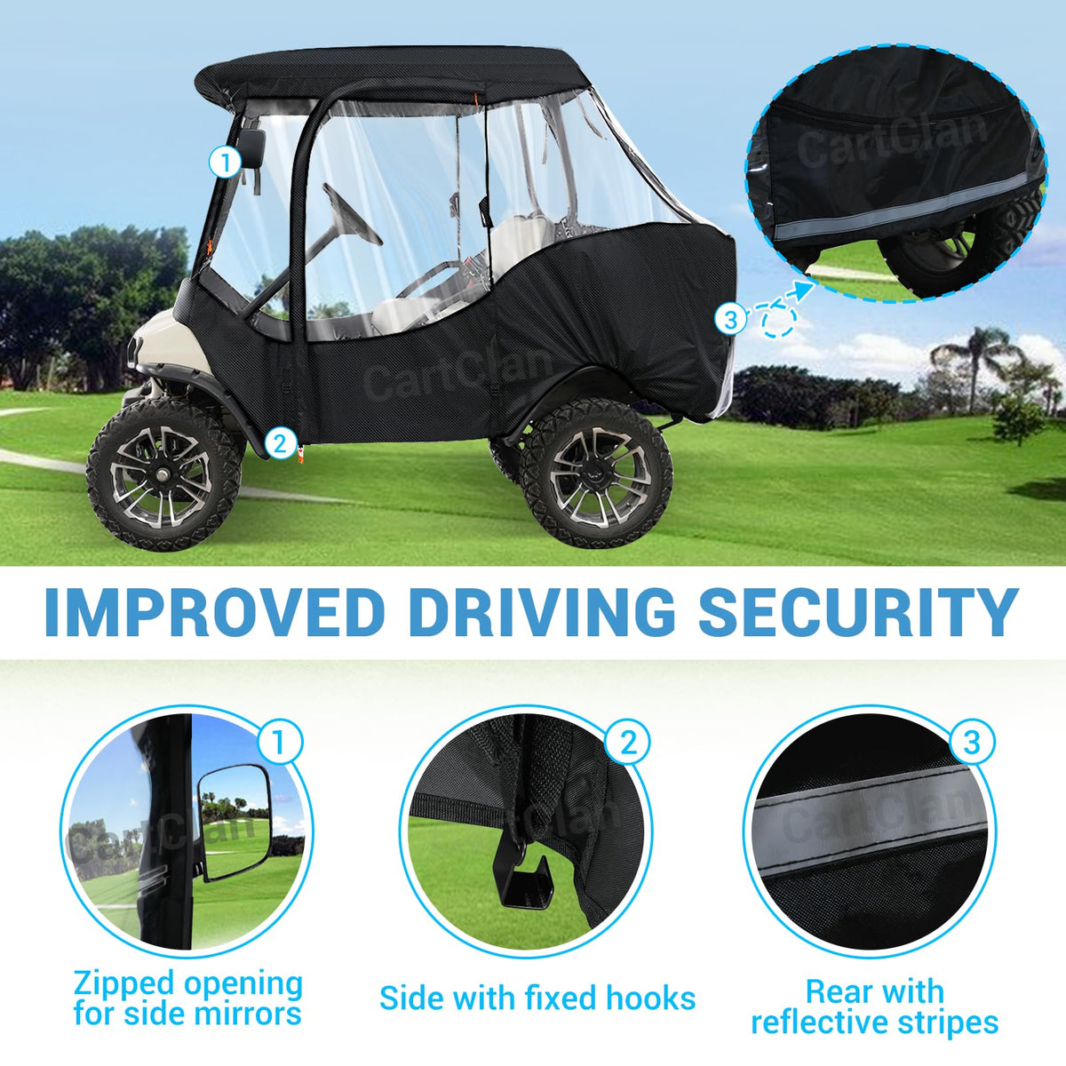 CartClan enclosure clear PVC windows provide wide visibility for safe driving.
