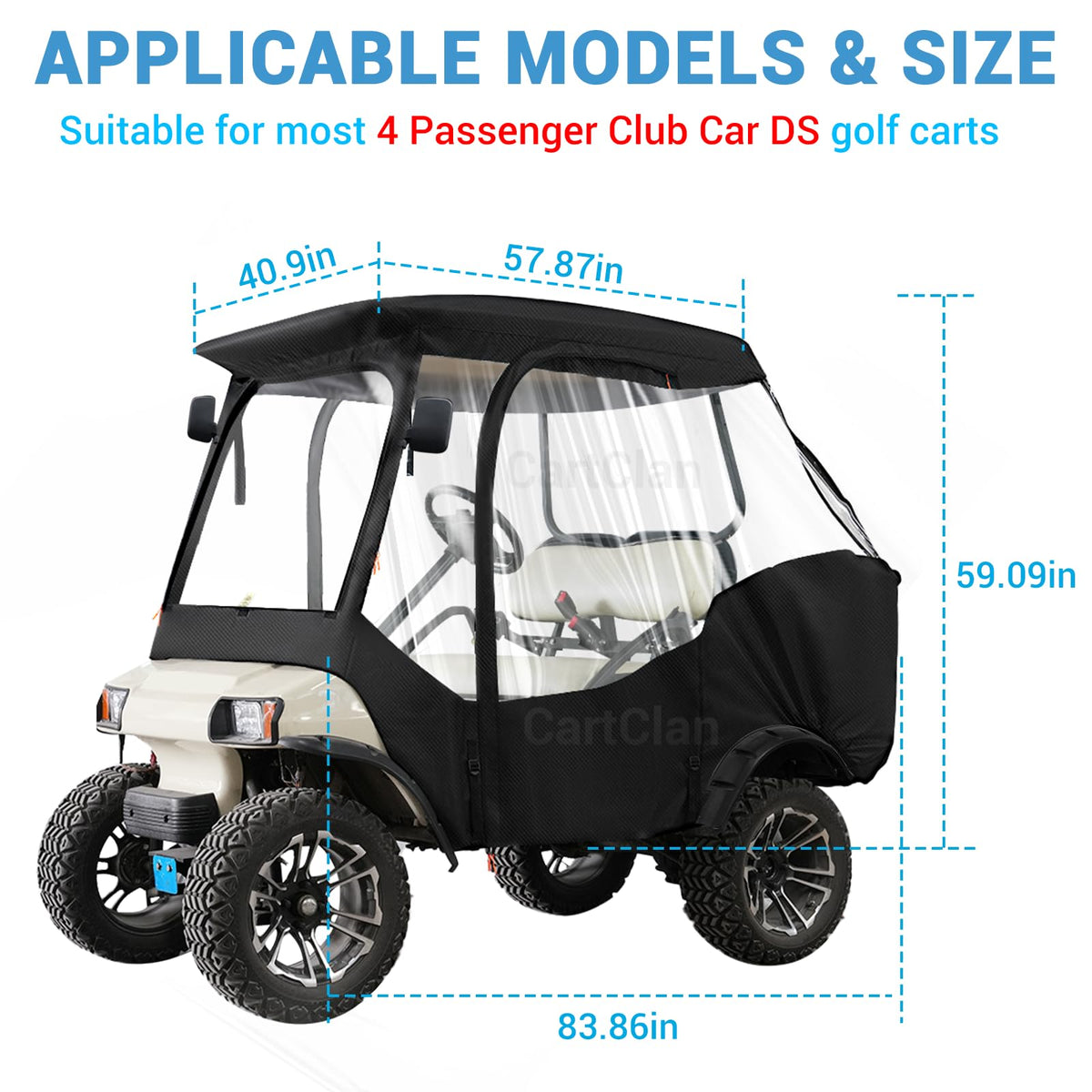 CartClan enclosure with roller zipper door enables quick entry during rain.