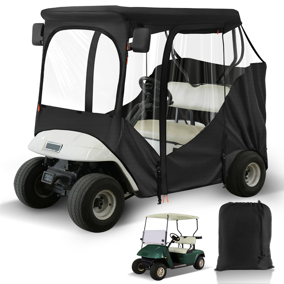 CartClan EZGO driving enclosure front view protects the cart from rain and wind.