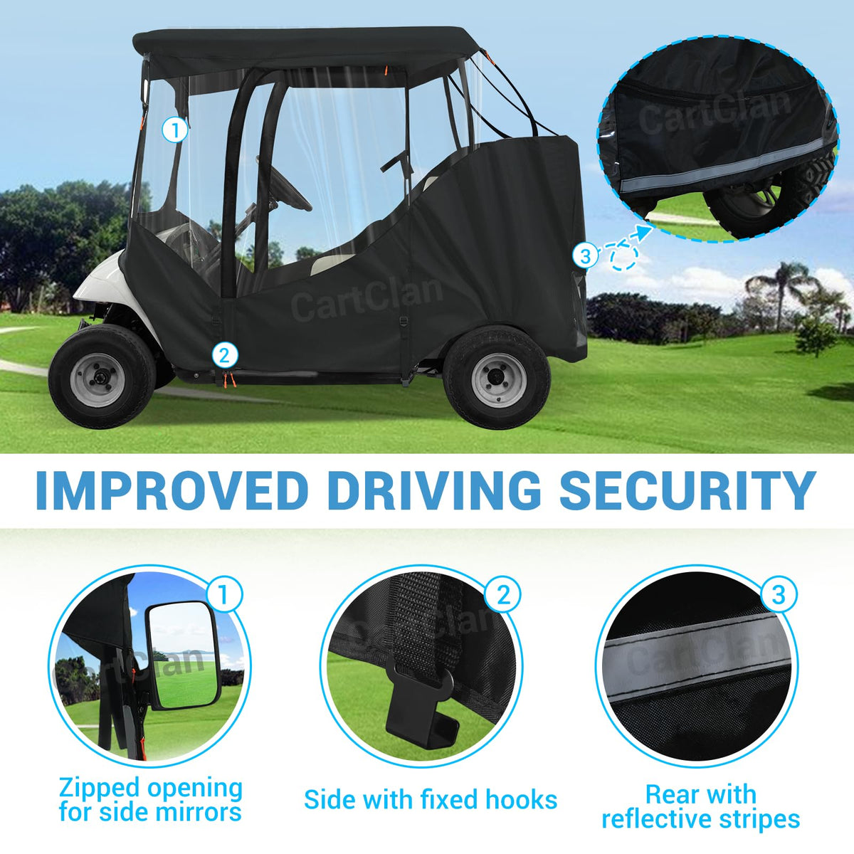 CartClan EZGO enclosure shows PVC clear sides for warm, dry protection.