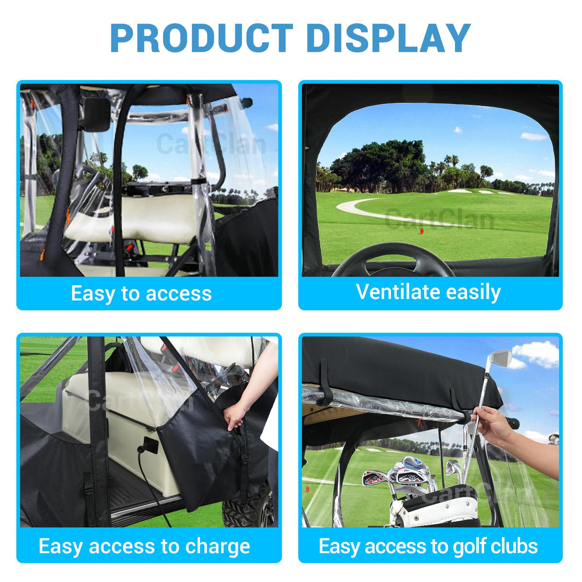 CartClan EZGO roll-up zipper door offers easy access during wet weather.