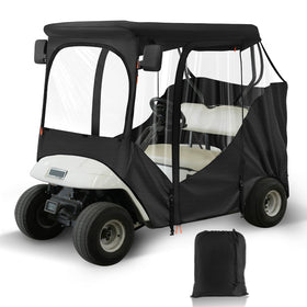 CartClan EZGO RXV TXT enclosure provides snug rain protection for 2-passenger carts.