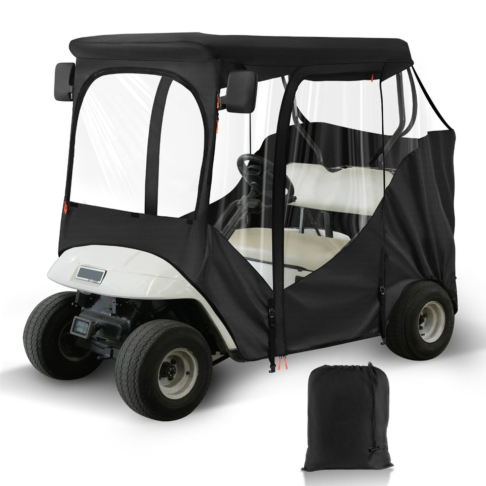 CartClan EZGO RXV TXT enclosure provides snug rain protection for 2-passenger carts.