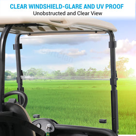 CartClan EZGO RXV windshield offers anti-UV protection for sunny rounds.