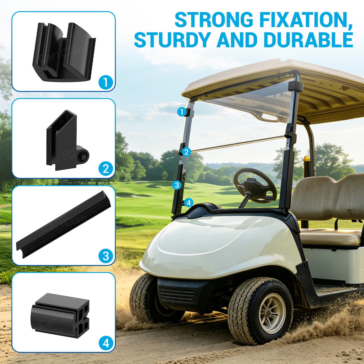 CartClan EZGO RXV clear windshield enhances on-course visibility.