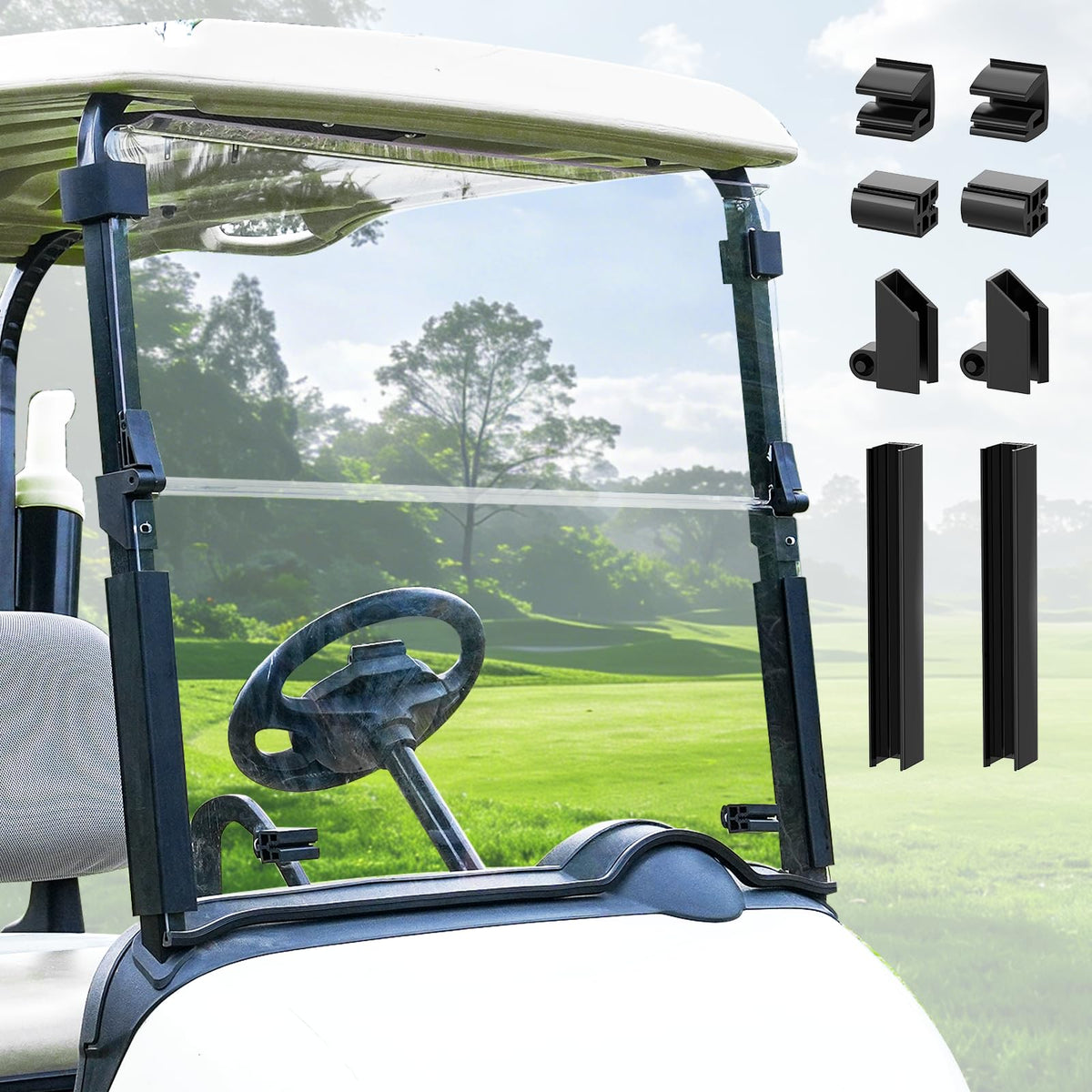 CartClan EZGO RXV windshield, clear PC design for high visibility and UV resistance.