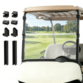 CartClan EZGO RXV folding 4mm PC windshield provides durable, clear visibility.