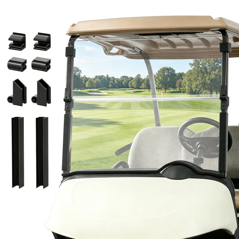 CartClan EZGO RXV folding 4mm PC windshield provides durable, clear visibility.