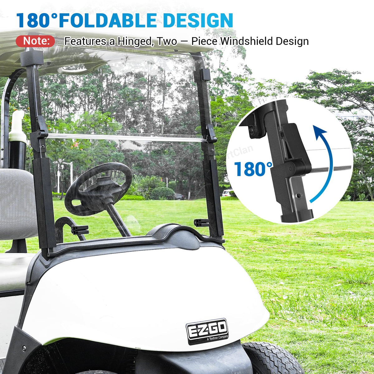 CartClan EZGO RXV windshield with folding design for improved airflow on hot days.