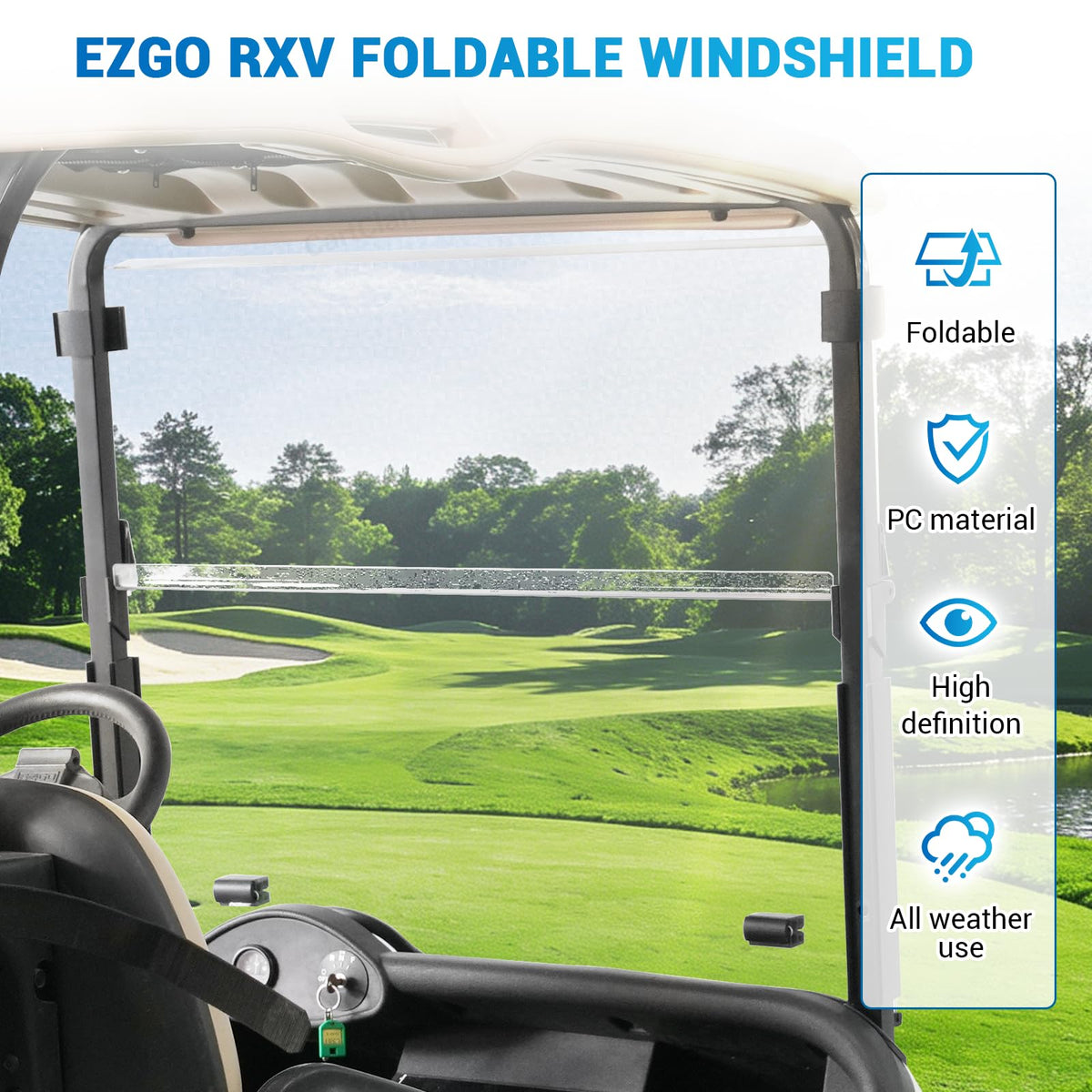 CartClan EZGO RXV windshield showing quick tool-free installation concept.