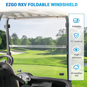 CartClan EZGO RXV windshield showing quick tool-free installation concept.