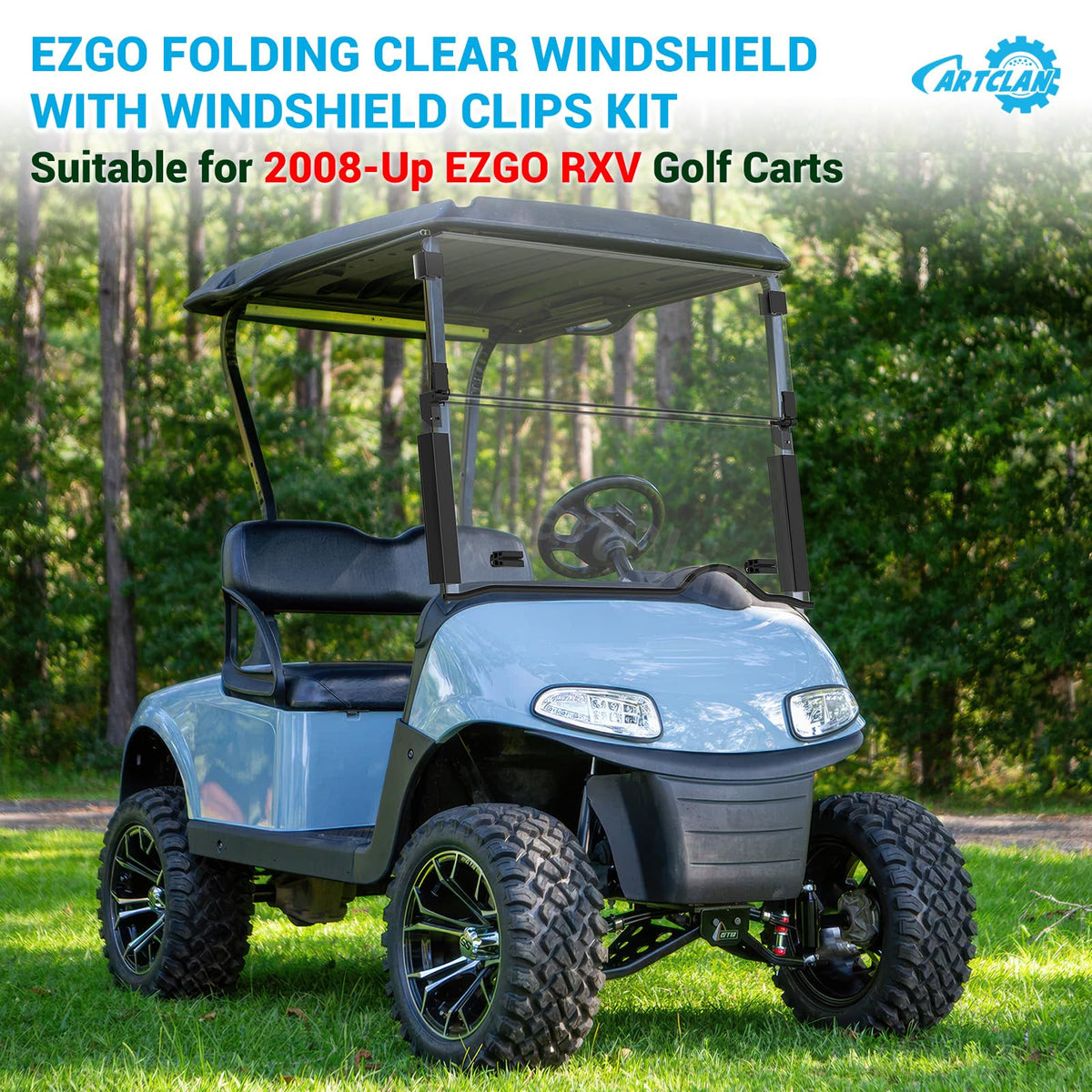 CartClan EZGO RXV windshield displays durable PC material for long-term use.