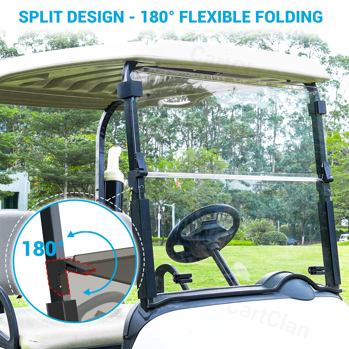 CartClan EZGO RXV windshield arrives with protective film to prevent scratches.