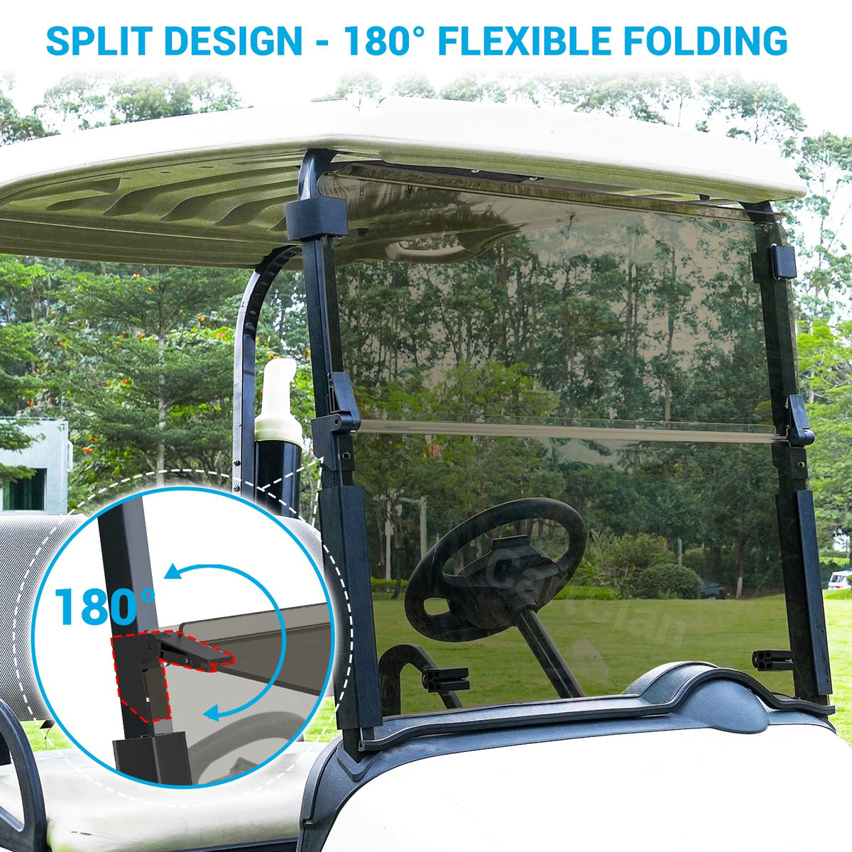 CartClan EZGO RXV windshield rain protection during a shower ride