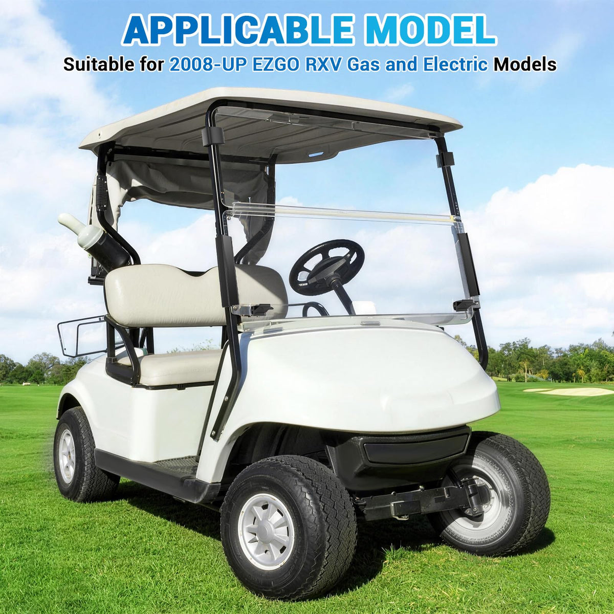 CartClan EZGO RXV upper windshield latch provides a snug fit for a calmer ride.