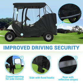 CartClan EZGO enclosure uses durable buckles to stay secure in storms.
