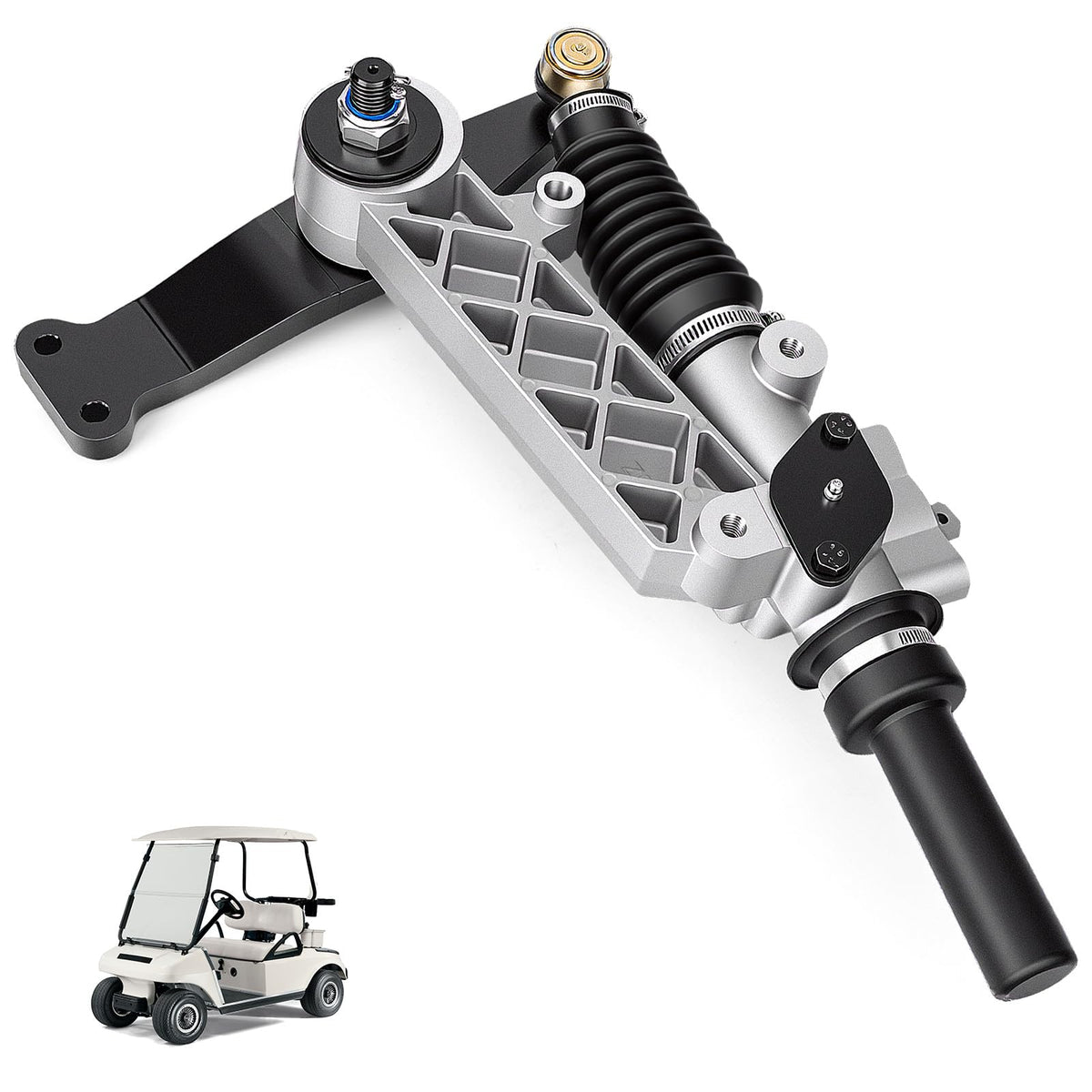CartClan EZGO steering box close-up shows rugged steel construction for durability.