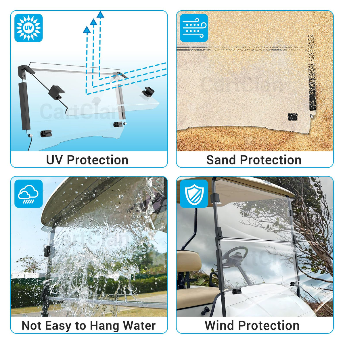 CartClan EZGO TXT windshield folded-down mode for summer airflow and versatile use