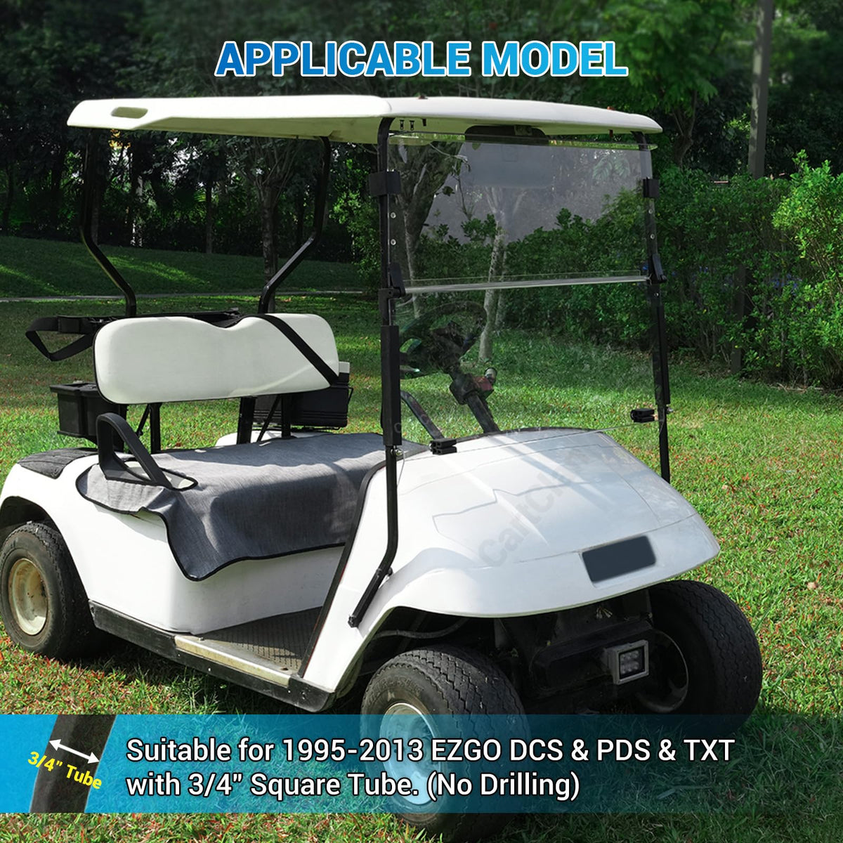 CartClan EZGO TXT windshield folded design enables airflow on hot days.