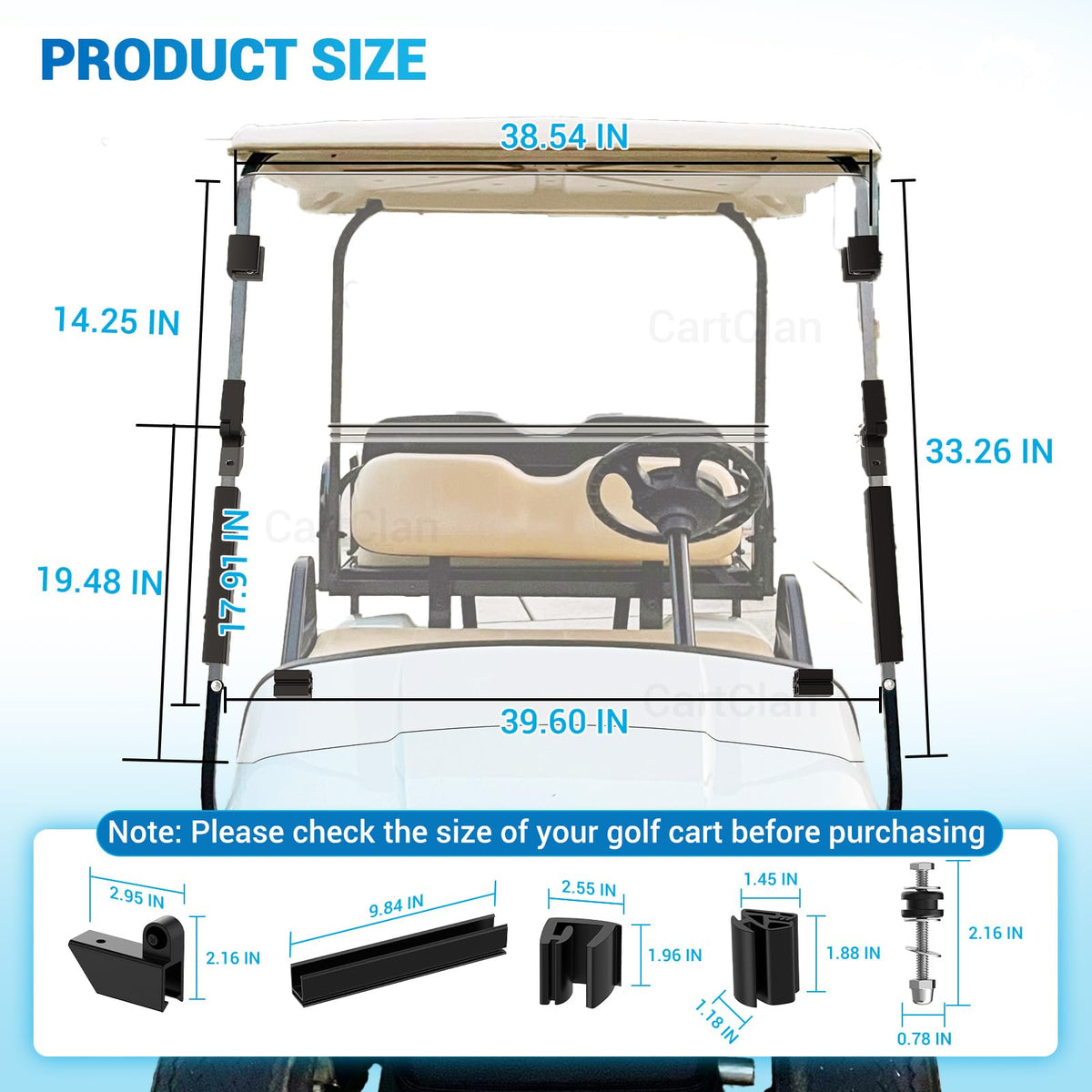 CartClan EZGO TXT windshield includes installation hardware for quick setup.