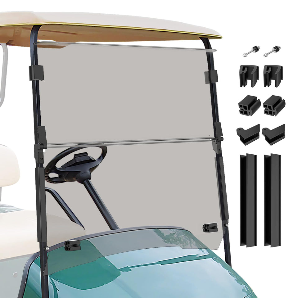 CartClan EZGO TXT tinted windshield folding design shows easy airflow and rain protection