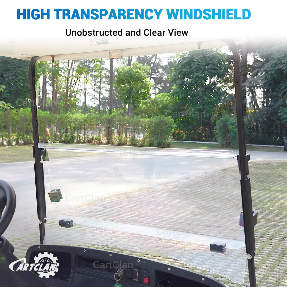 CartClan EZGO TXT windshield provides UV protection and clear sightlines during sunny rides.