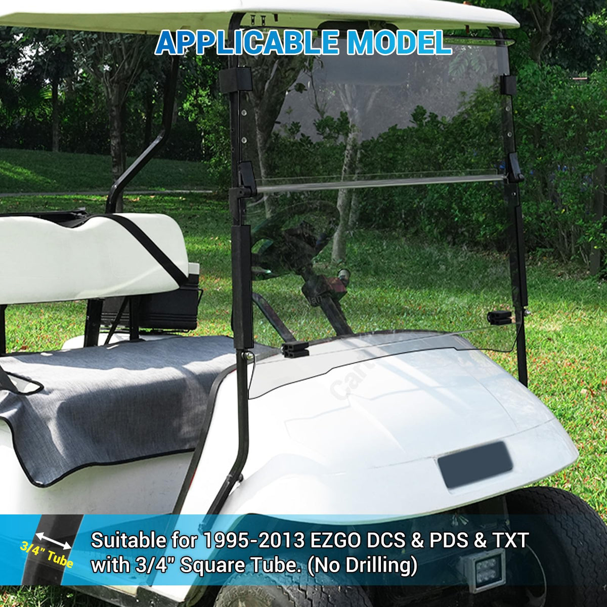 CartClan EZGO TXT tinted windshield made from UV-resistant PC provides glare reduction outdoors