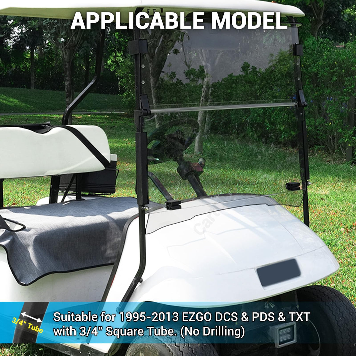 CartClan EZGO windshield folds for summer ventilation and year-round protection