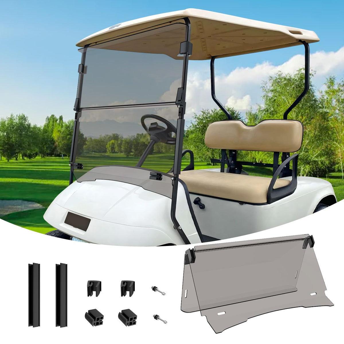 CartClan EZGO windshield front view, foldable for easy airflow and protection