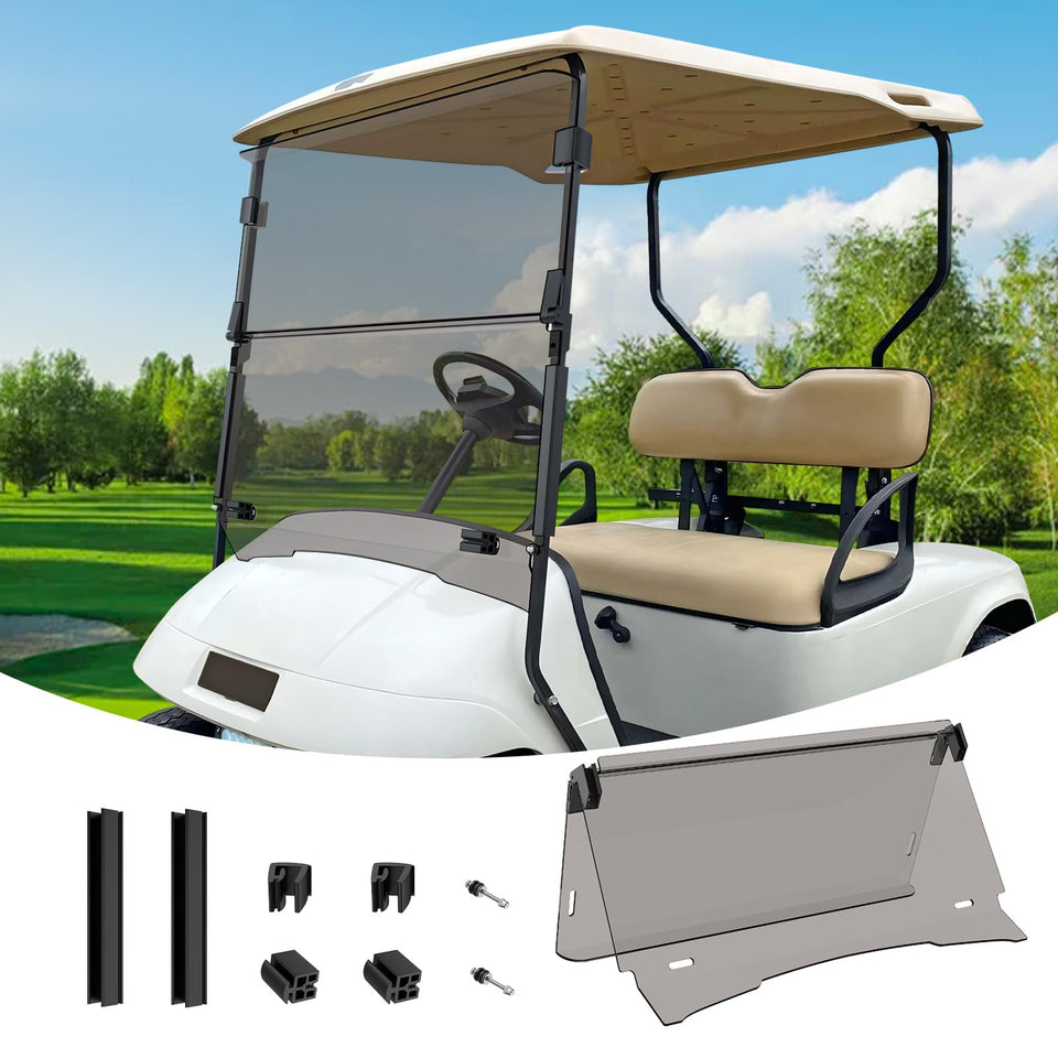 CartClan EZGO windshield front view, foldable for easy airflow and protection