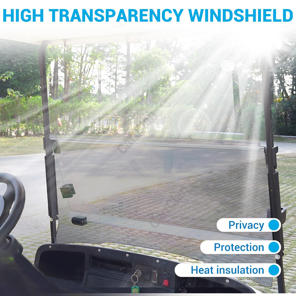 CartClan EZGO windshield side view, folds compact for storage on the cart