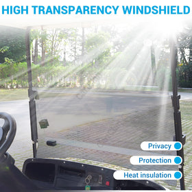 CartClan EZGO windshield side view, folds compact for storage on the cart