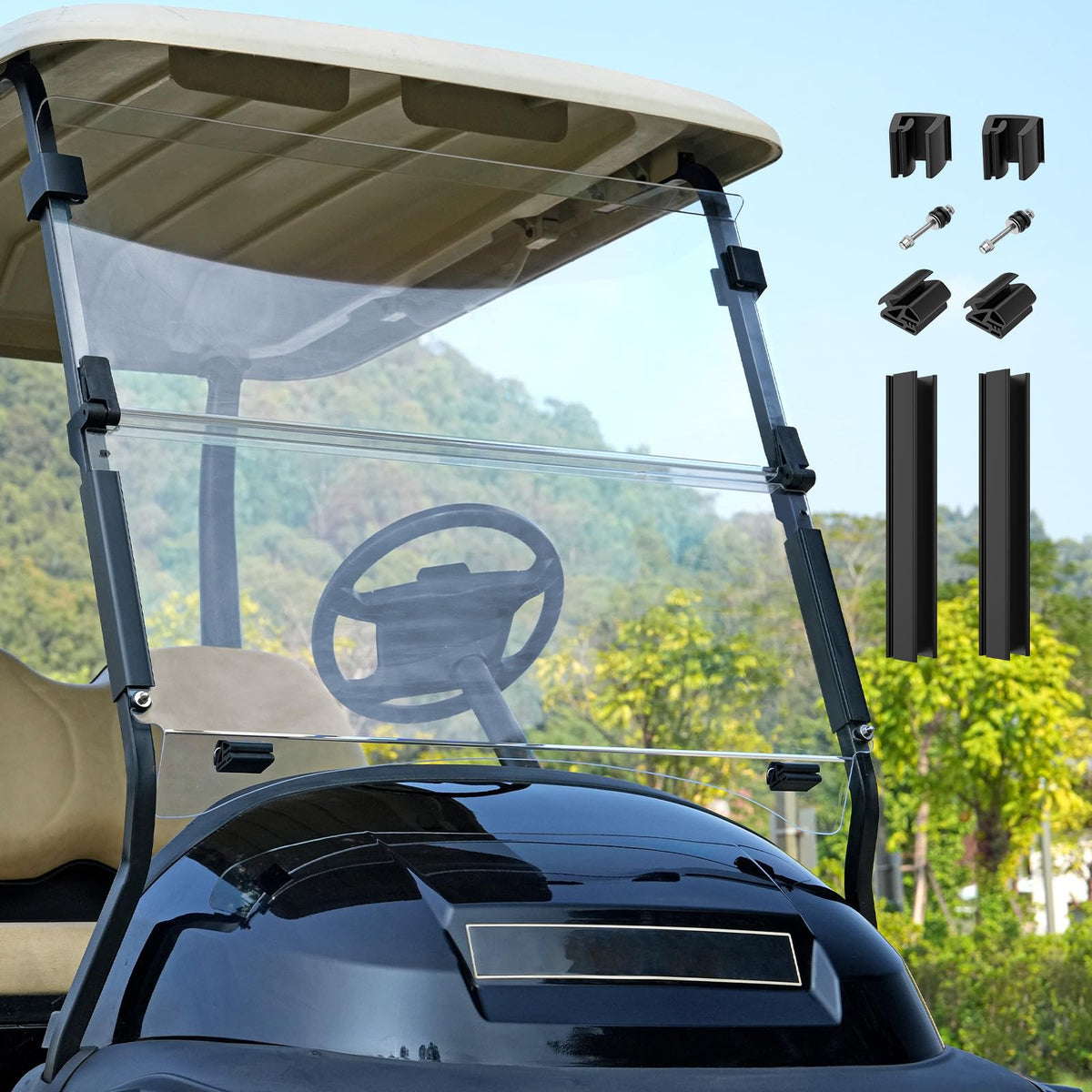 CartClan foldable windshield on 2004-up Club Car Precedent for versatile protection