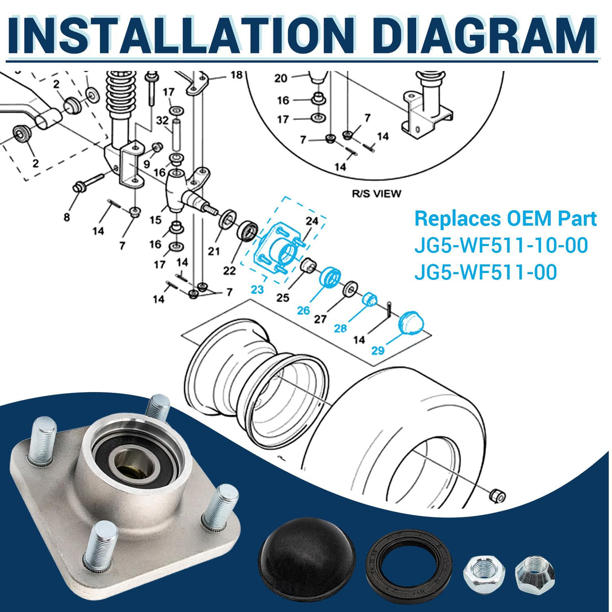 CartClan front hub for Yamaha G29 drive, supporting durable performance.