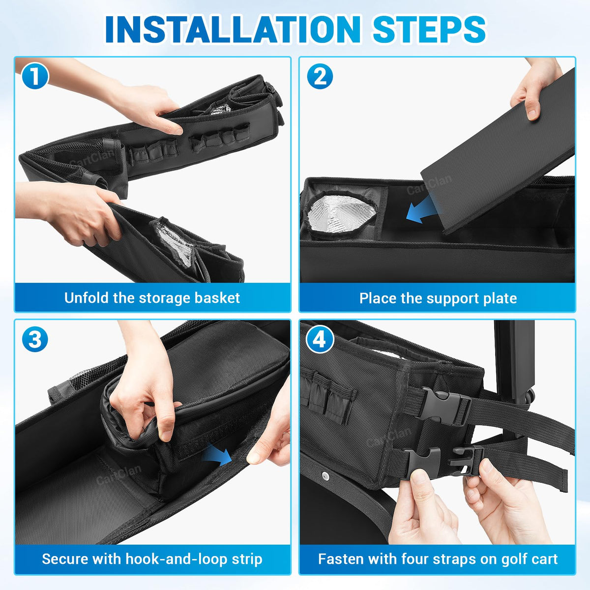 CartClan cooling compartment keeps beverages ready between holes.
