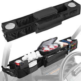 CartClan front storage basket with insulated cup holders keeps drinks cold on the course.
