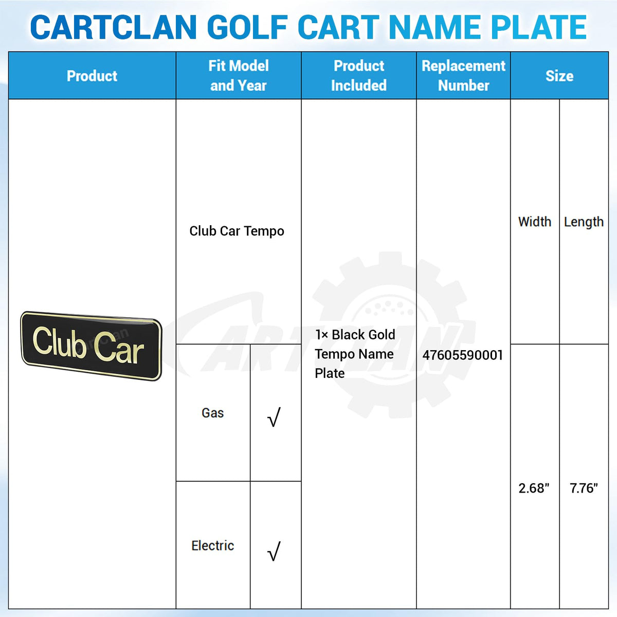 CartClan gold emblem for Club Car Tempo with showroom detail.