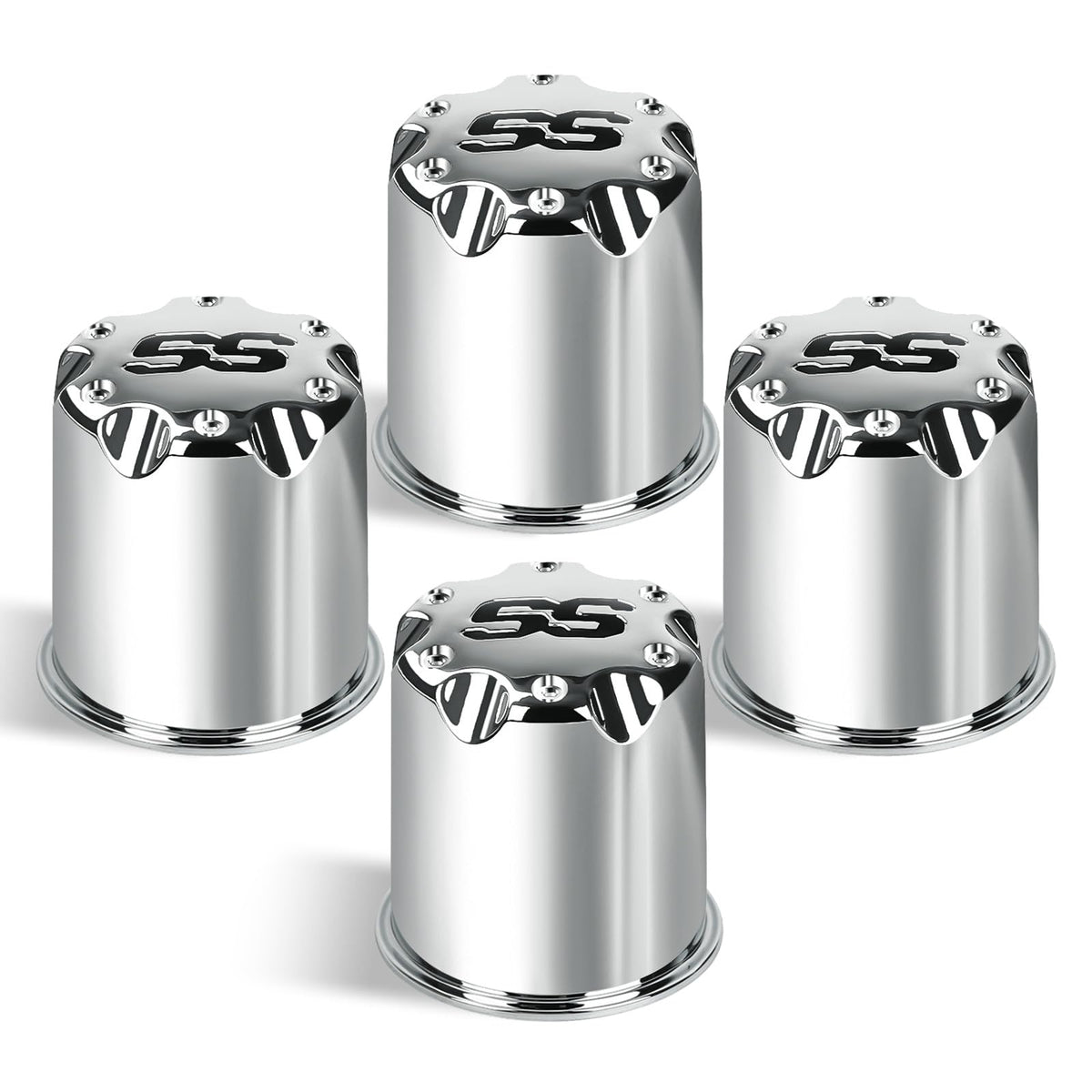 CartClan SS wheel center cap set for EZGO, four pieces, adds chrome shine to wheels.