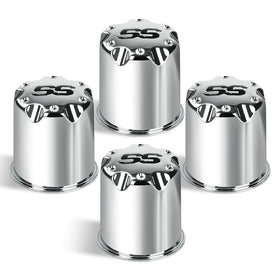 CartClan SS wheel center cap set for EZGO, four pieces, adds chrome shine to wheels.