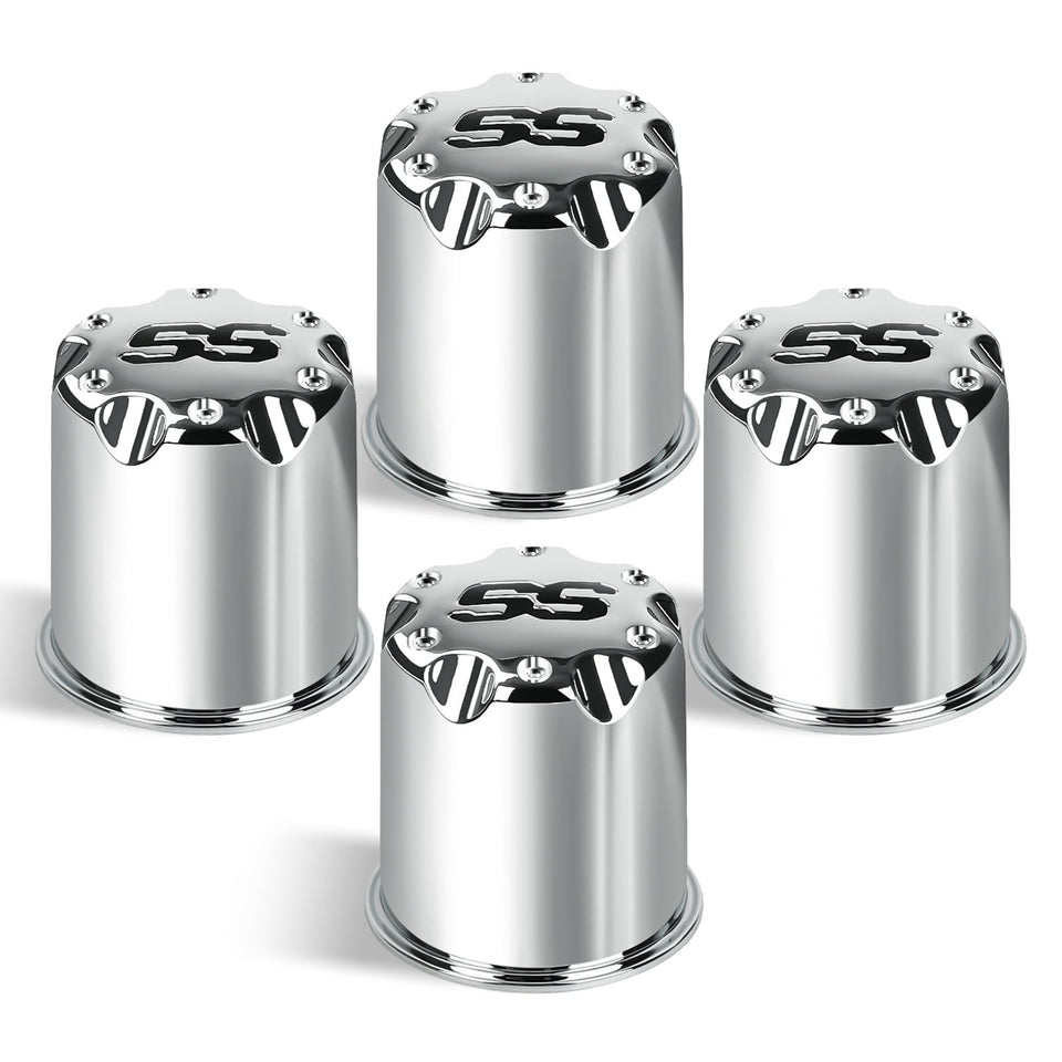 CartClan SS wheel center cap set for EZGO, four pieces, adds chrome shine to wheels.