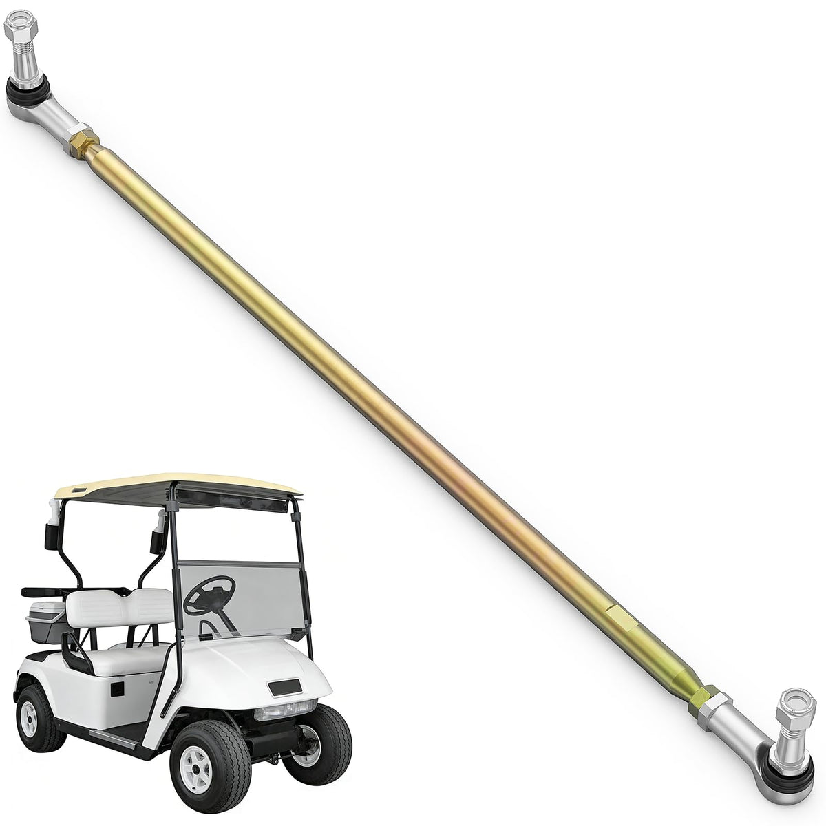 CartClan golf cart tie rod assembly close-up shows precision joints for smoother steering.