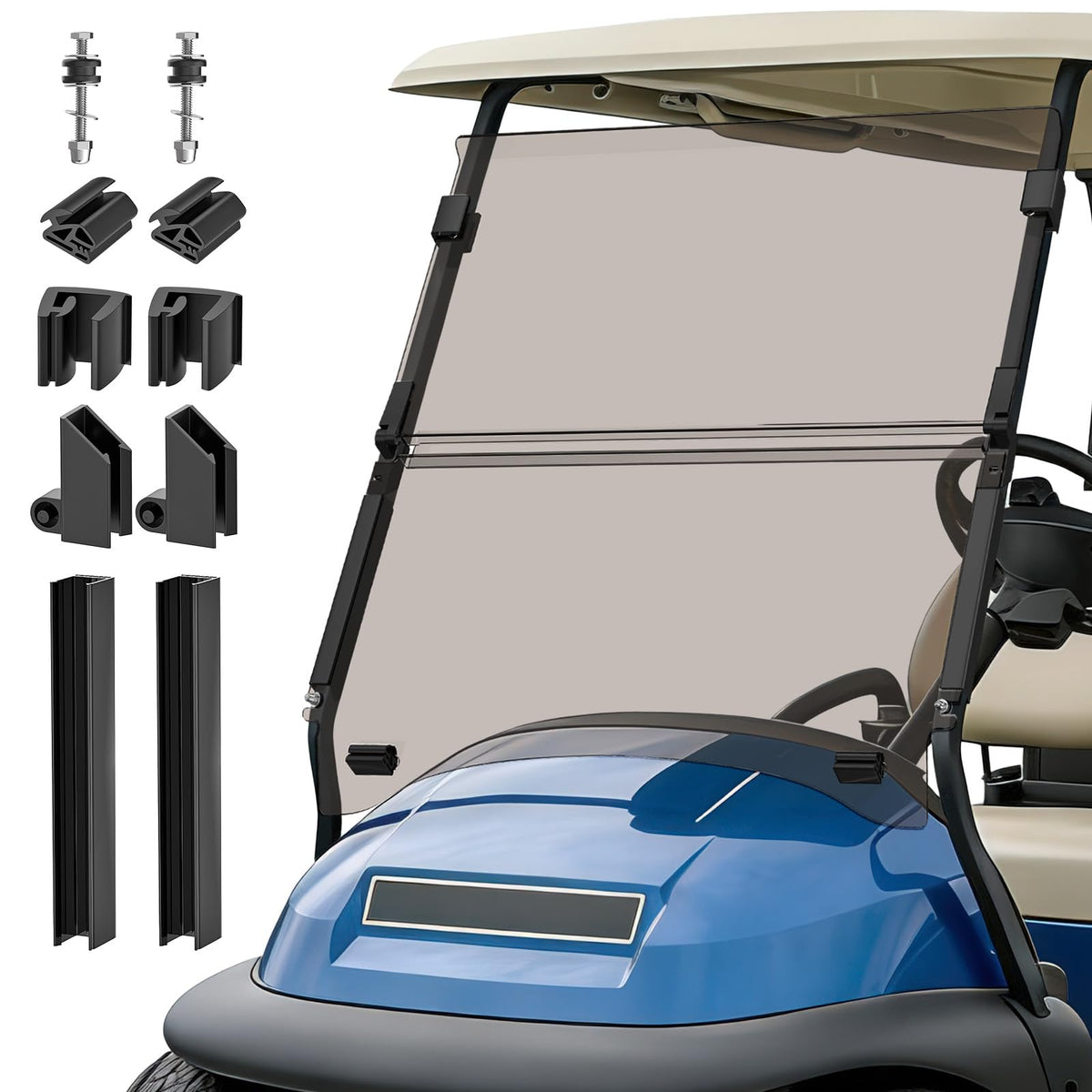 CartClan golf cart windshield folding design for easy storage and airflow.